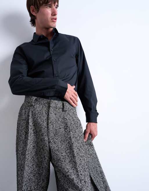 Topman wide leg wool blend herringbone trousers in black, 3 of 5