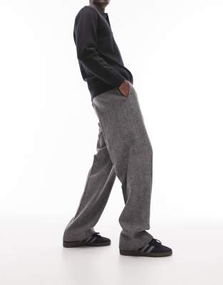 Topman wide leg wool mix herringbone pants in gray