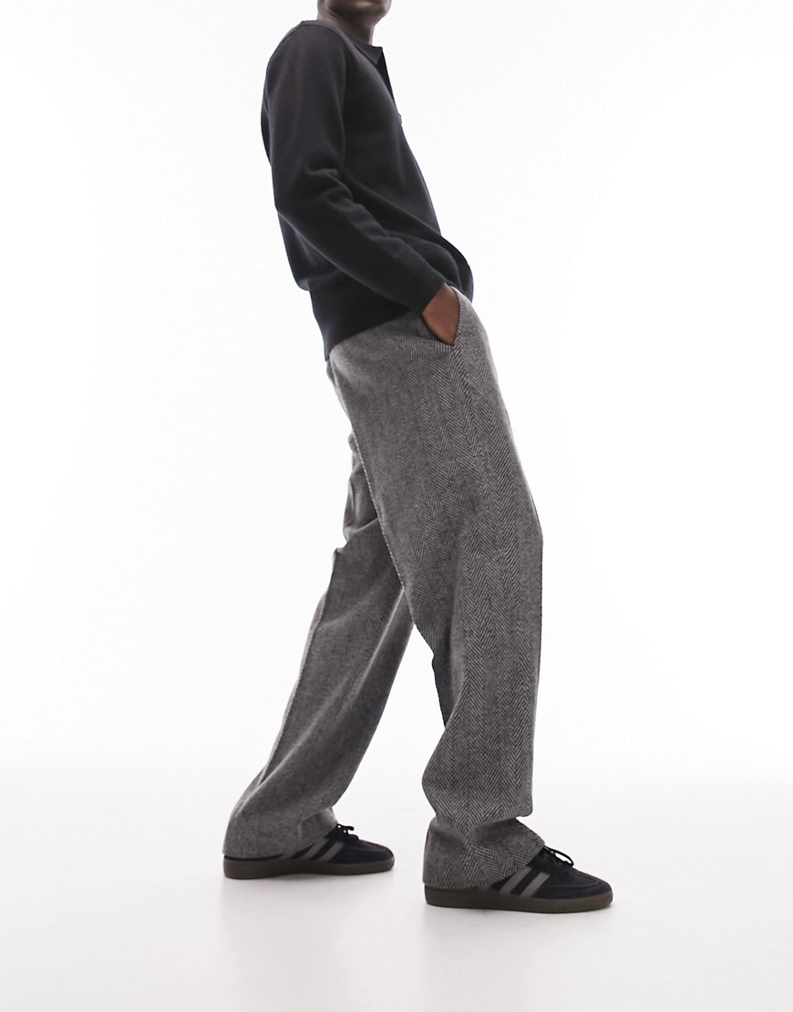 Topman Wide Leg Wool Mix Herringbone Pants In Gray
