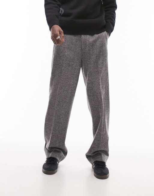 Topman wide leg wool mix herringbone pants in gray