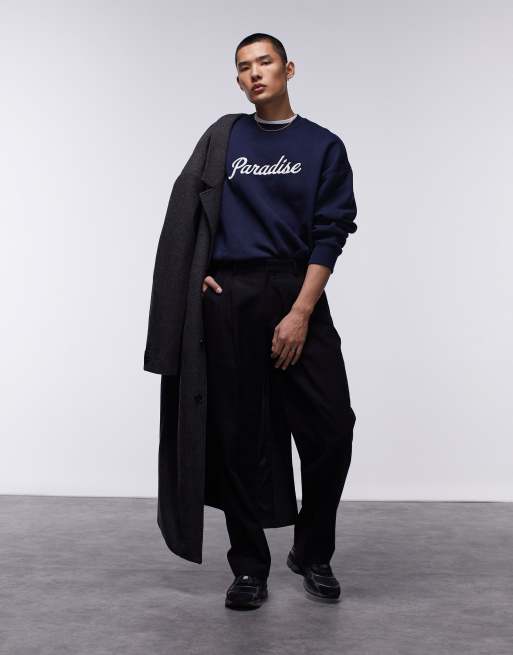 Topman wide leg wool mix pants in black
