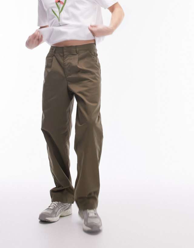 Topman - wide leg workwear chino trousers with pleats in khaki