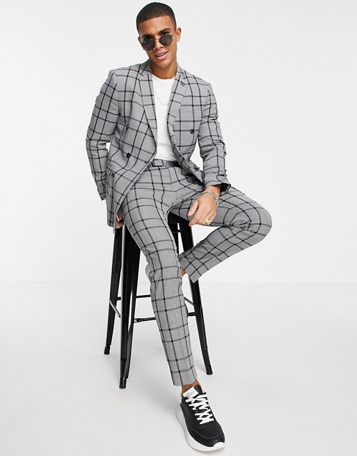 Topman skinny suit trouser in grey windowpane check