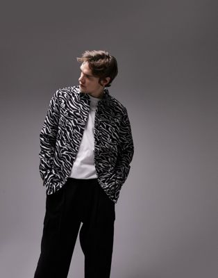 Topman wool blend animal design overshirt in black and white