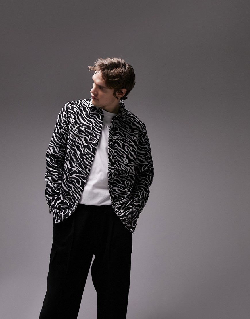 Topman wool blend animal design overshirt in black and white-Multi
