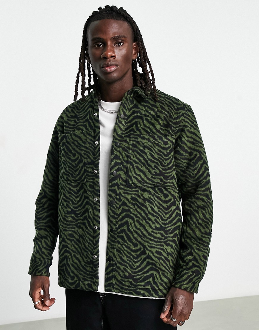 Topman wool blend animal design overshirt in green