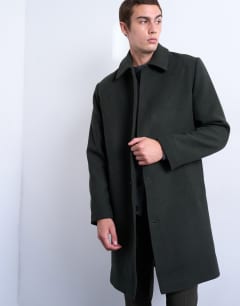Model wearing Wool blend car coat in dark green
