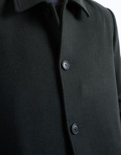 Model wearing Wool blend car coat in dark green