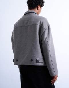 Model wearing Wool blend jacket in charcoal