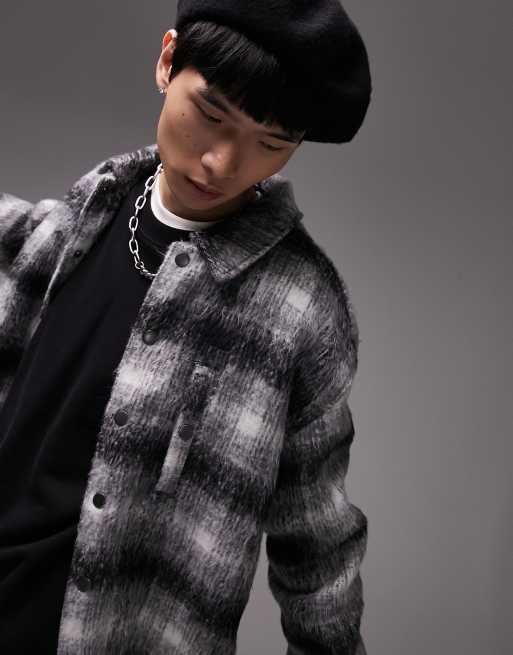 Topman wool mix shacket in black check