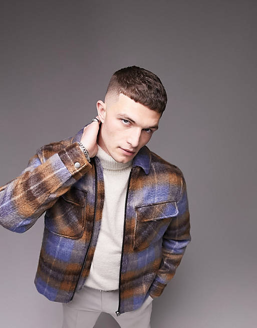 Topman wool blend shacket in blue and brown check