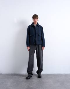 Model wearing Wool blend shacket in navy
