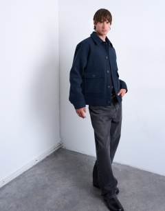 Model wearing Wool blend shacket in navy