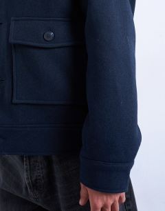 Model wearing Wool blend shacket in navy
