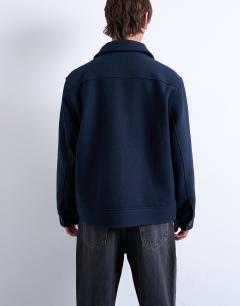 Model wearing Wool blend shacket in navy