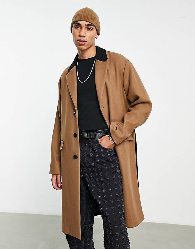Topman - wool blend unlined overcoat with colour block in stone and black