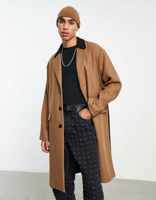 Topman wool blend unlined overcoat with colour block in stone and black