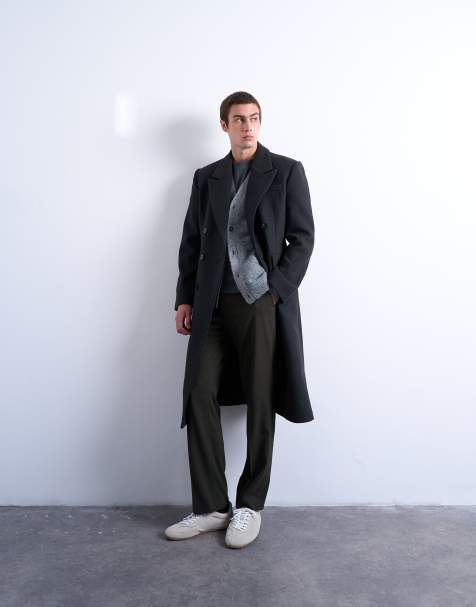 Topman wool blend waisted double breasted overcoat in charcoal - view 1