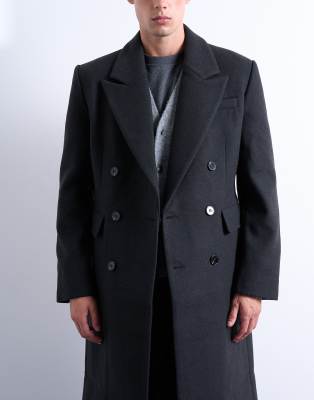 Topman Wool Blend Waisted Double Breasted Overcoat In Gray
