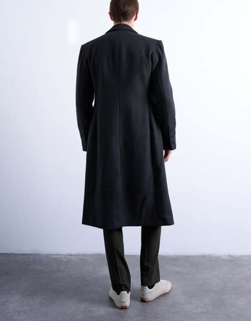 Topman wool blend waisted double breasted overcoat in charcoal ASOS