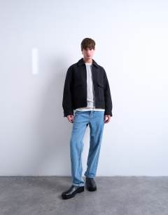 Model wearing Wool blend zip through shacket in dark grey