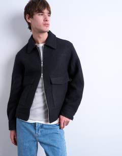 Model wearing Wool blend zip through shacket in dark grey