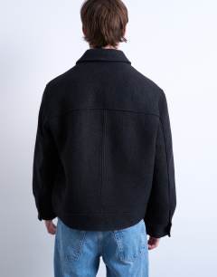 Model wearing Wool blend zip through shacket in dark grey