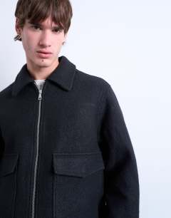 Model wearing Wool blend zip through shacket in dark grey
