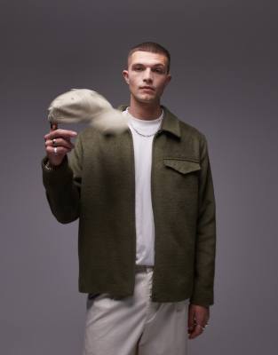 wool look shacket in khaki-Green