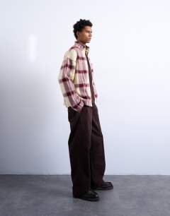 Model wearing Wool mix brushed funnel jacket in red check