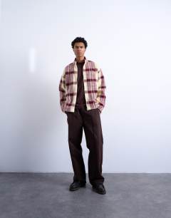 Model wearing Wool mix brushed funnel jacket in red check