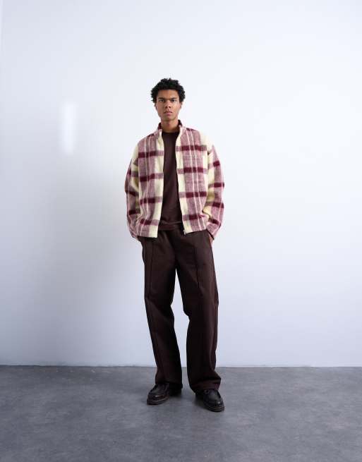 Topman wool-mix brushed funnel jacket in red check, 3 of 5