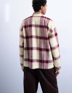 Model wearing Wool mix brushed funnel jacket in red check