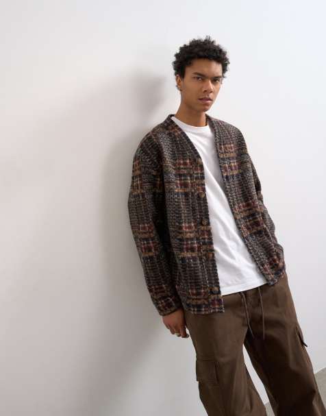 Topman wool mix textured check cardigan in brown - view 1