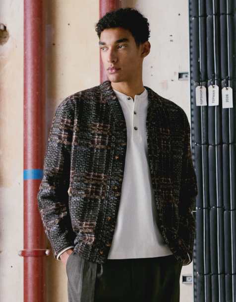 Topman wool mix textured check cardigan in brown