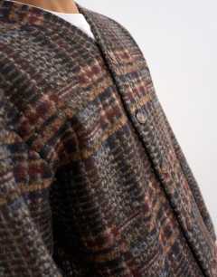 Model wearing Wool mix textured check cardigan in brown