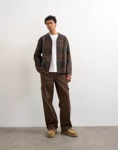 Model wearing Wool mix textured check cardigan in brown