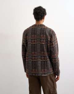 Model wearing Wool mix textured check cardigan in brown