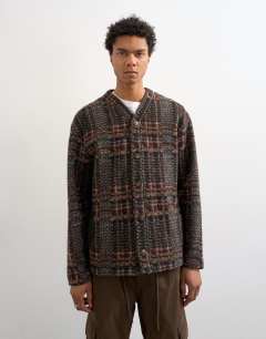 Model wearing Wool mix textured check cardigan in brown