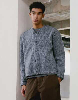 Topman Wool Mix Textured Leopard Cardigan In Blue