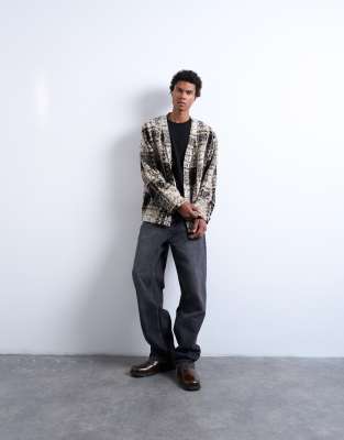 Topman Wool Mix Textured Square Pattern Cardigan In Multi