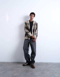 Model wearing Wool mix textured square pattern cardigan in cream & brown