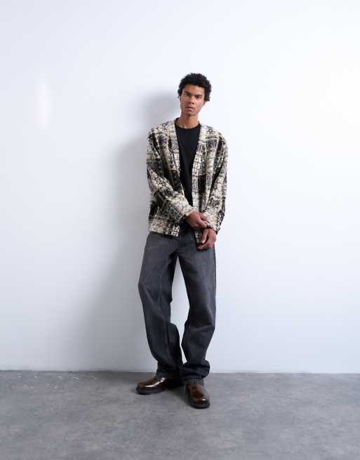Topman wool mix textured square pattern cardigan in cream & brown