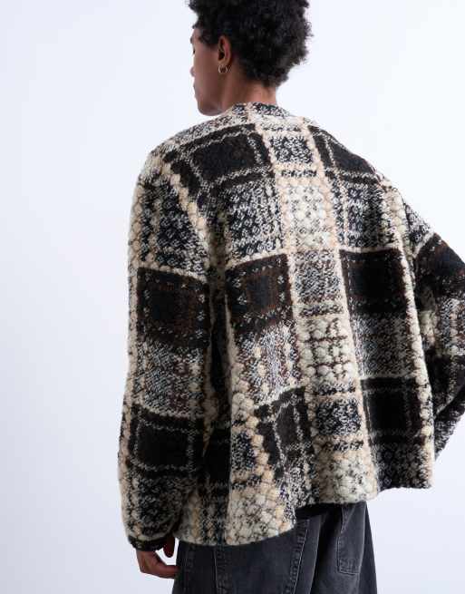 Topman wool mix textured square pattern cardigan in cream & brown