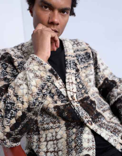 Topman wool mix textured square pattern cardigan in cream & brown