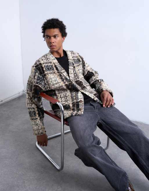 Topman wool mix textured square pattern cardigan in cream & brown