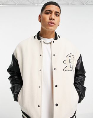 Topman Wool Mix Varsity Jacket With Faux Leather Sleeves In Black And