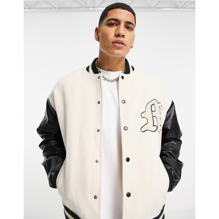 ASOS Wool Mix Varsity Jacket with Leather Sleeves in Black