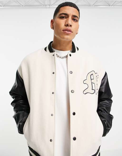 Navy Blue Varsity Jacket White Leather Sleeves Black Stripes - Jack N Hoods L