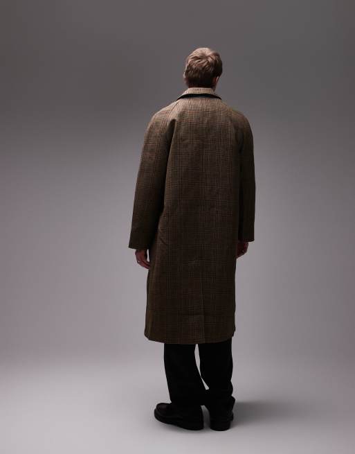 Topman wool plaid car coat in brown